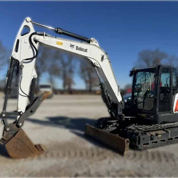 2020 Bobcat E85 compact excavator with reduced tail swing, turbocharged diesel engine, and advanced hydraulics for heavy digging and site development.