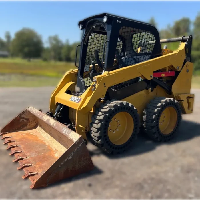 2021 Caterpillar 242D3 skid steer loader with vertical lift design, high-flow hydraulics, and advanced cab technology for heavy-duty loading and site preparation.
